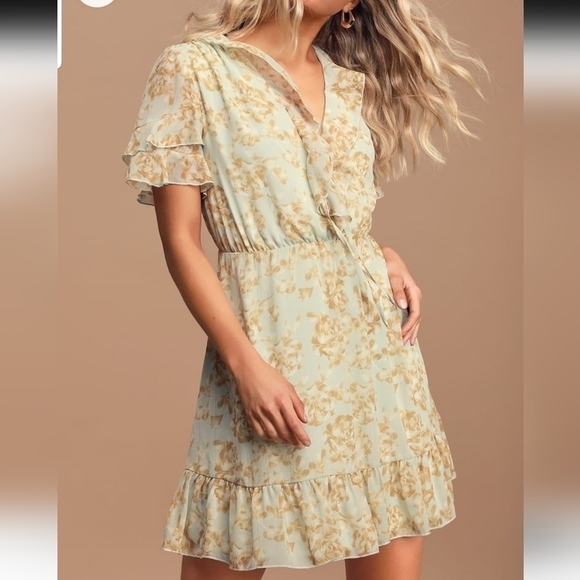 Lulu's Dreaming of Romance Mint Blue Floral Print Ruffled Skater Dress S Girly - Picture 2 of 16